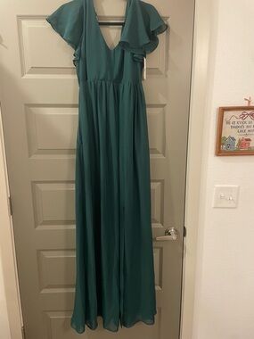 Azazie Hannah Chiffon Deep Teal V-Neck Flutter Sleeve Maxi Dress emerald
